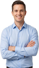 European Middle age successful smiling business man half body portrait with crossed arms in blue shirt isolated on transparent background