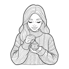Christmas Coloring Page for Adults and Kids with Girl Holding Festive Ornament Ball