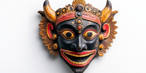 Traditional balinese wooden mask representing a smiling demon with horns