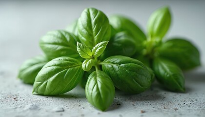 Fresh green basil leaves arranged closely on textured light gray surface. Aromatic herb staple in many cuisines like Italian, Thai. Vibrant color, delicate form suggest natural goodness for recipes.