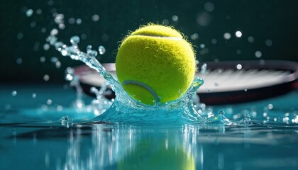 Tennis ball splashes into clear blue water creating dynamic droplet waves. A tennis racket is blurred in background suggesting sport action.