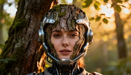 plastic pollution cybernetic woman portrait with biomechanical helmet by tree in warm golden light