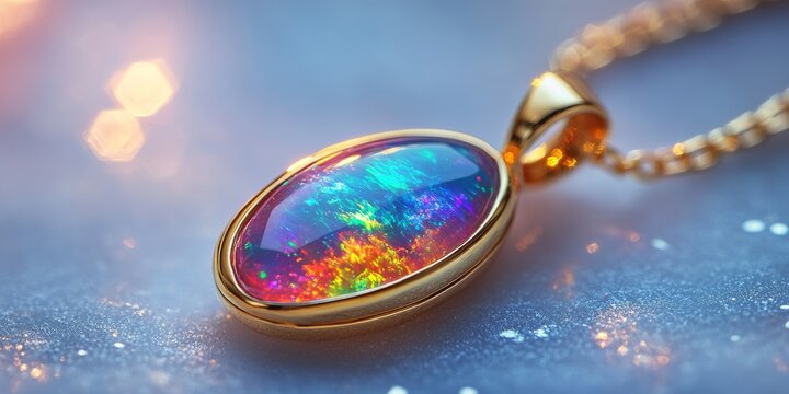 Golden pendant with fire opal gleaming on glittering background