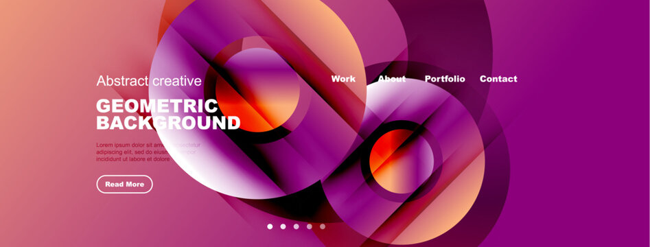 Abstract geometric background with vibrant colors. Includes text elements, navigation options, plus circular shapes. Modern design.