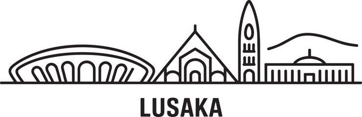 Obraz premium Lusaka cityscape outline highlighting key architectural landmarks and surrounding natural hills in a clean linear style
