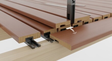 Crosssectional animation illustrating how hidden clips grip and hold deck boards for smooth screwfree decking replacement system.