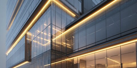 Fototapeta premium Modern Business Center Facade with Dramatic Architectural Lighting at Night
