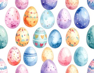 Watercolor Easter eggs, assorted colors, patterned, seamless repeating design on white background