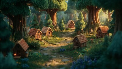 Enchanted Forest with Cozy Houses Surrounded by Lush Greenery