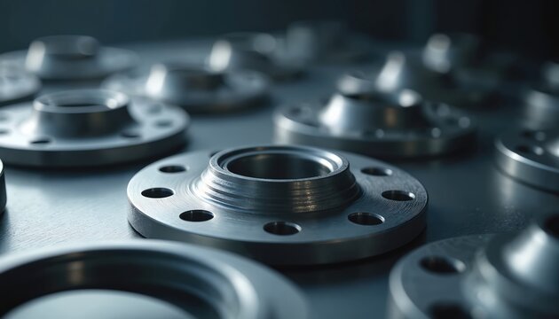 Round steel flanges lay on metal surface. Shiny industrial parts ready for assembly. Mechanical components connect pipes for fluid transport. Precision metalwork for engineering applications. Parts