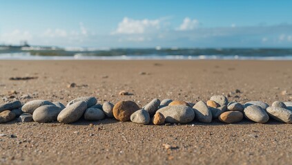 Tranquil Beach with Smooth Stones Under Clear Blue Sky