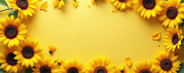 Naklejka premium Bright yellow sunflowers form border on solid yellow background. Flat lay image provides ample copy space. Sunflowers seen from top view perspective, featuring rich brown centers, vibrant petals.