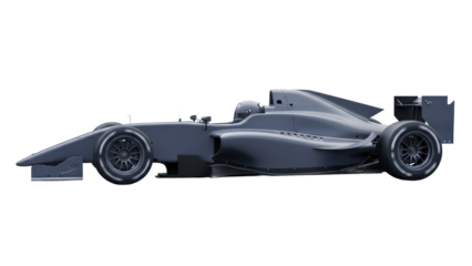 A dark gray open-wheel formula car, designed for dynamic high-speed winter sport competition, is isolated in a clean profile view.