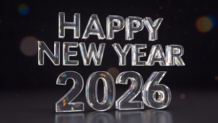 Happy New Year 2026 clear glass text on dark background with bokeh lights celebration