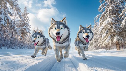 Naklejka premium Playful Wolves Running Through A Snowy Landscape Under Blue Sky