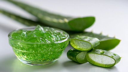 Obraz premium Fresh aloe vera gel in glass bowl with aloe vera leaves isolated on white background