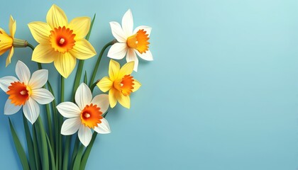 White and yellow daffodils with orange centers bloom on thin green stems against a soft blue backdrop. This floral arrangement offers ample copy space for spring holidays or greetings.