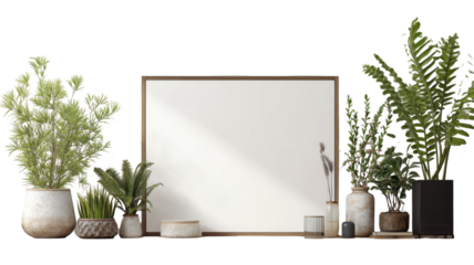 Minimalist home interior design featuring a green potted plant in an empty room with a natural light window and wooden decor on a white wall