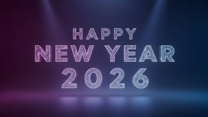 Happy New Year 2026 text with circuit board pattern and spotlights celebration
