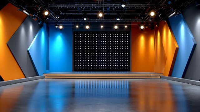 A large empty stage with blue and orange walls.