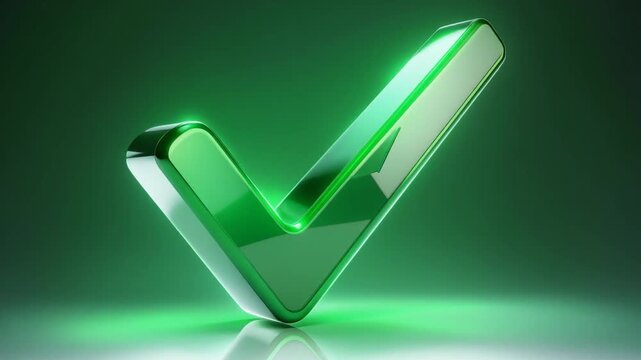 Green checkmark glossy icon 3d symbol approval sign success concept glowing design verification mark shiny modern graphic style