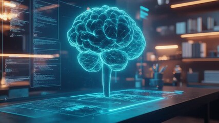 Futuristic artificial intelligence brain hologram digital interface glowing teal neural network data code technology innovation - Powered by Adobe