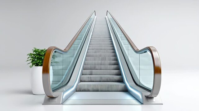 A glass escalator with a plant in a white pot in front of it. The escalator is empty and the plant is the only thing in the foreground
