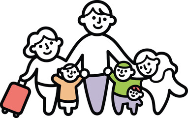 Naklejka premium A minimalist family illustration shows two parents and three children smiling with luggage
