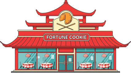 Chinese restaurant building with fortune cookie sign featuring traditional architecture and dining tables perfect for food service or cultural concepts