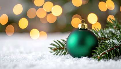 Fototapeta premium Festive Green Ornament on Snow with Soft Candle Glow
