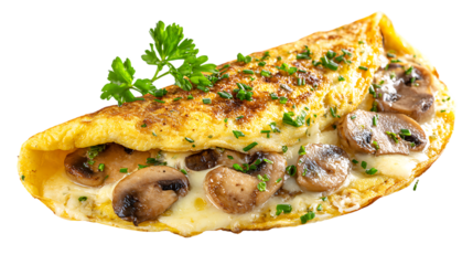 Delicious mushroom omelette with parsley on top isolated on transparent background