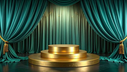 Golden podium on teal curtain stage