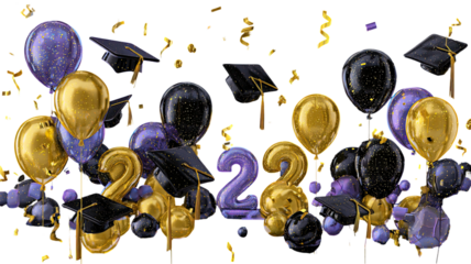 2022 graduation celebration with gold black balloons confetti and graduation caps festive party scene on white background
