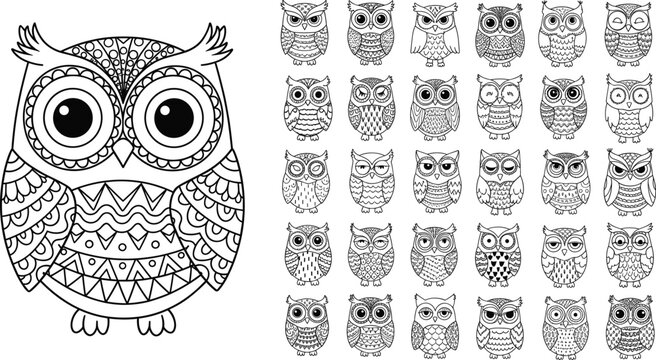 Mandala owl coloring page set featuring intricate zentangle bird illustrations with ethnic patterns and geometric ornaments for adult relaxation and creative hobby.