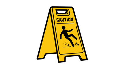 A yellow caution wet floor sign stands as a safety warning symbol on a slippery white floor to signal hazard attention during cleaning work © baedowi