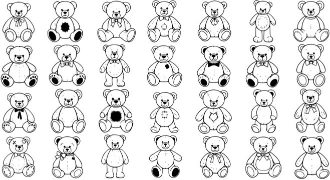 Black and White Line Art Teddy Bears Collection for Childhood Themes. Adorable Outline Illustrations and Doodle Vector Graphics for Kids' Activities and Sweet Design.