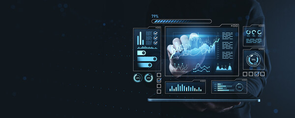 Futuristic digital interface showing forex and stock market charts, analytics, and investment data in hologram style on dark background.