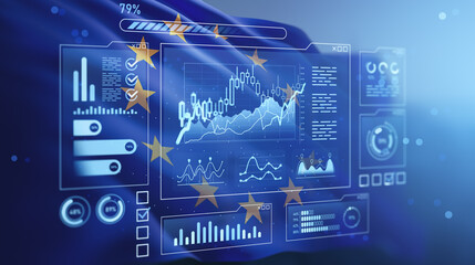 Digital financial dashboard with stock and forex charts over EU flag background, symbolizing European market and investment future concept.