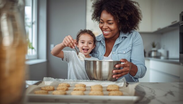 Mother and Daughter Baking Cookies Together in Modern Kitchen