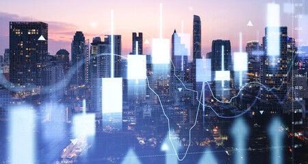 Futuristic forex and stock exchange graph charts over Bangkok skyline at sunset illustrating rising market investment and crypto trading concept. © ImageFlow