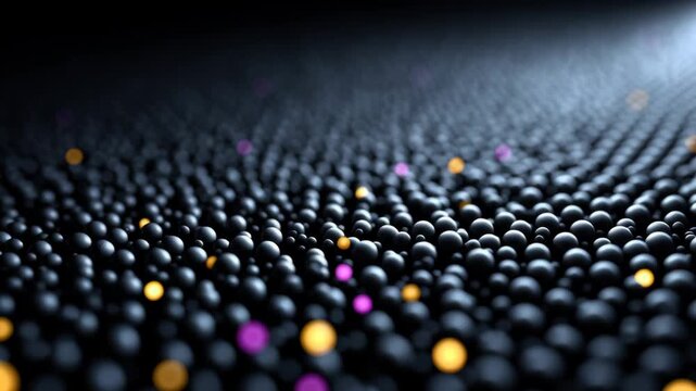 A black background with many small purple and yellow balls scattered around. The image has a dark and mysterious mood