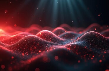 Abstract digital landscape with glowing red and blue particles forming waves and light beams. Futuristic network or data flow texture with shimmering dots and bokeh effects.