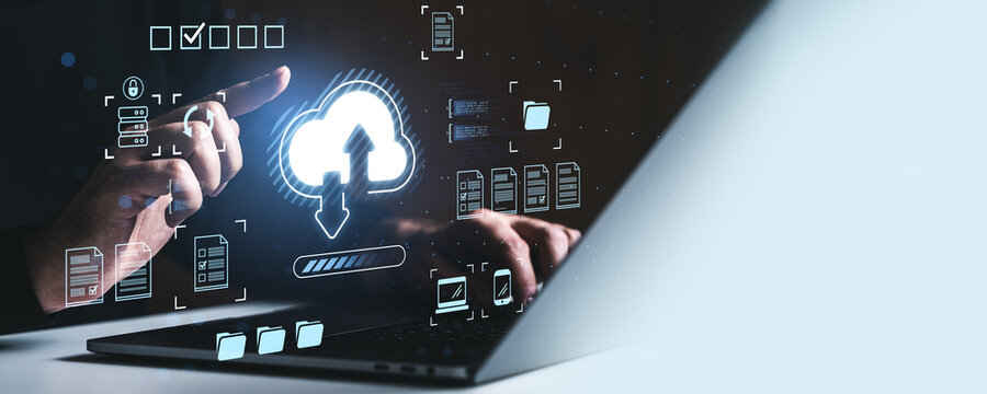 Cloud data upload and storage concept with digital icons and user interaction on futuristic interface over laptop screen in modern workspace setup. - Powered by Adobe