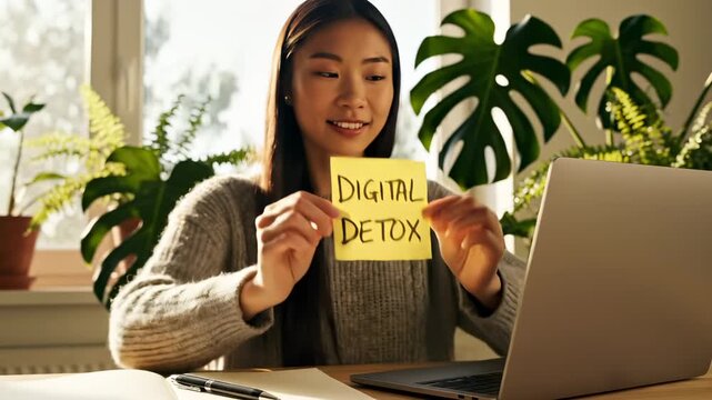 Woman shows digital detox note at laptop desk. Person holds yellow detox sign near computer. Woman with laptop displays digital detox message. Home office with plants and detox reminder note shown.