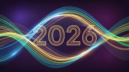 Year 2026 glowing numbers with abstract wavy light streaks new year
