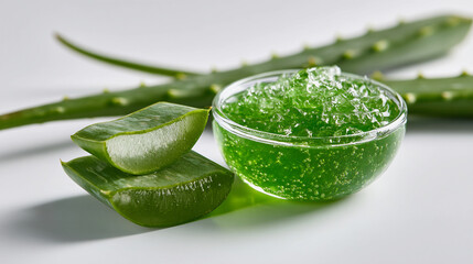 Obraz premium Fresh aloe vera leaves and a bowl of natural green gel, ideal for skincare and health, isolated on white background