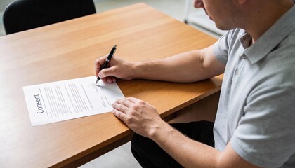 Man in gray polo shirt is signing a consent form on a wooden table, showcasing the importance of agreements and legal documentation in personal and professional settings