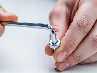 Hands using Allen wrench to tighten bolt with nut on surface  