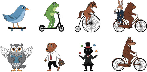 Cute anthropomorphic animals set featuring bird on skateboard frog on scooter horse on penny farthing and bear riding bicycle with rabbit character. © Priyanka