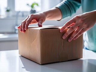 Hands unboxing cardboard delivery package in bright kitchen environment  